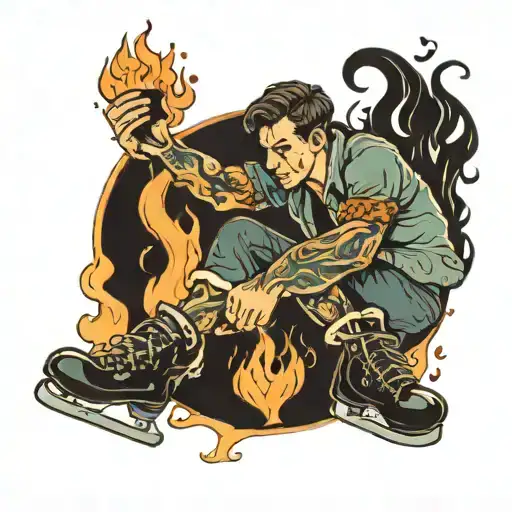 a man with an ice skate in his right hand and his hearth in fire  tattoo design idea