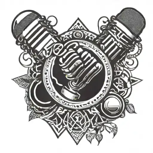 A stylized microphone intertwined with traditional Pan African symbols tattoo design idea