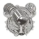 A stylized microphone intertwined with traditional Pan African symbols tattoo design idea