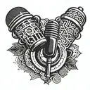A stylized microphone intertwined with traditional Pan African symbols tattoo design idea