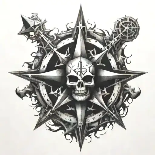 Combine elements of warhammer and chaos star into a dark and evil-themed sleeve tattoo tattoo design idea