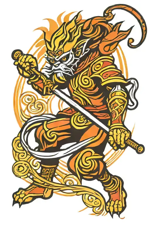 A minimalist and abstract depiction of Sun Wukong, focusing on his iconic staff and a dynamic pose. Use bold, clean line tattoo design idea