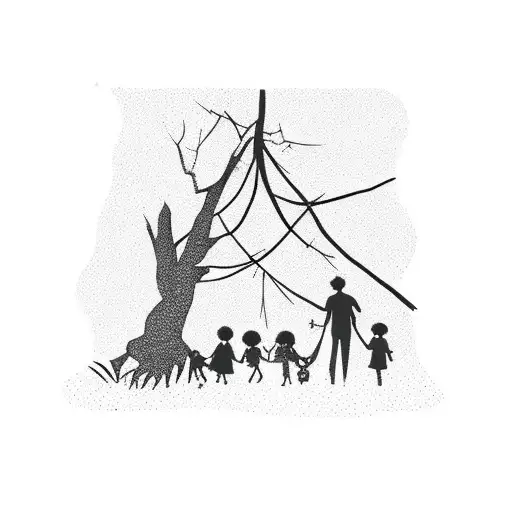 A silhouette of a family holding hands under a tree tattoo design idea