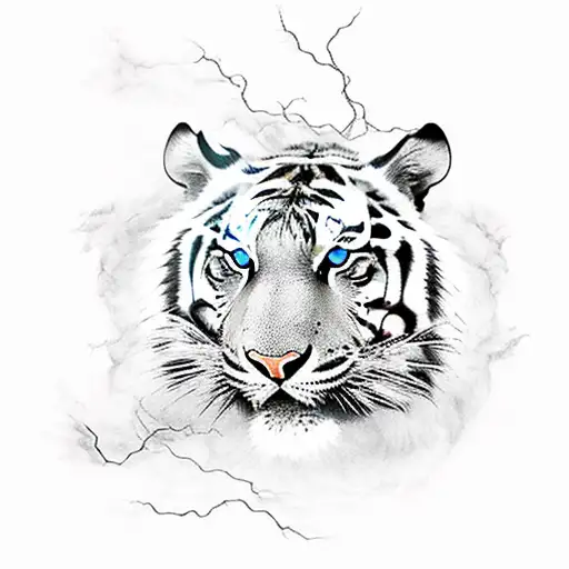 A majestic tiger with its piercing eyes and powerful stance, surrounded by swirling clouds and lightning bolts tattoo design idea