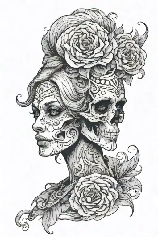 virgo the maiden, half of her face is rotten, showing her skull tattoo design idea