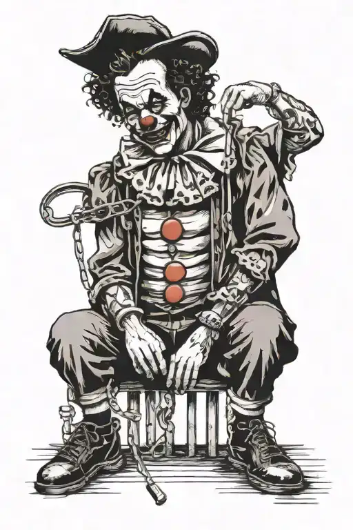 clown man, full body, black, sad and chained to a post and syringe  tattoo design idea