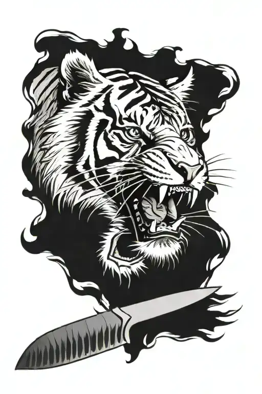 knife going through tiger head tattoo design idea