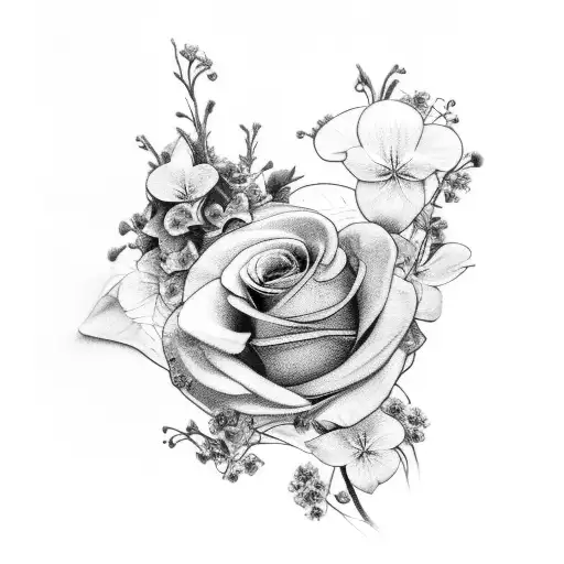 A realistic black-grey tattoo of a bouquet of violets and primrose with subtle shading tattoo design idea