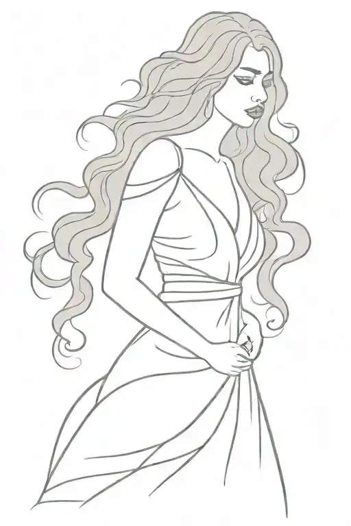 Gypsy woman wearing a traditional dress with a full, voluminous skirt, curly, voluminous hair. Sensual pose tattoo design idea