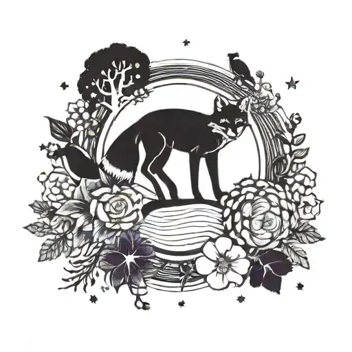 1. black, purple 2. decadence, minimalism, Scandinavian 3. flowers, lines, stars, space, words 4. tree, fox tattoo design idea