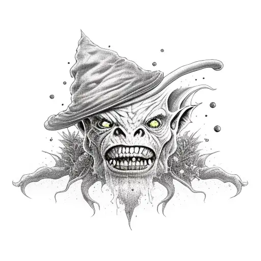 necro goblin with hat and acer (maple) palmateum flowering in blood tattoo design idea