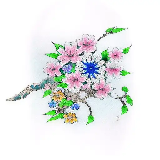 life and death, half part of sakura flowering in ocean tattoo design idea