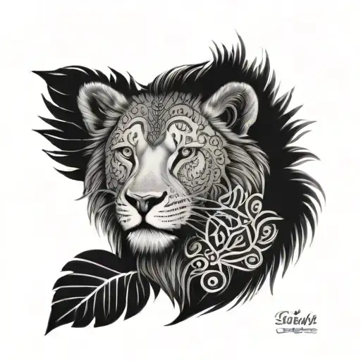 An intricate mandala design with hidden symbols representing the client's favorite things, like a lion's mane, a wolf's paw, and a heart for family, in a dotwork style tattoo design idea