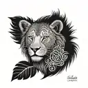 An intricate mandala design with hidden symbols representing the client's favorite things, like a lion's mane, a wolf's paw, and a heart for family, in a dotwork style tattoo design idea