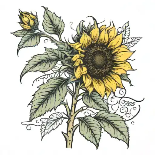 A sunflower with the names Paige and Jeremy incorperated in the main stem and Jadon and Jerica on two smaller branches tattoo design idea