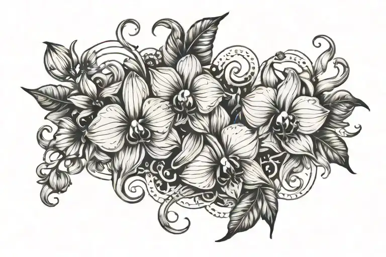 A girasol and orquideas intertwined to create a unique floral design tattoo design idea