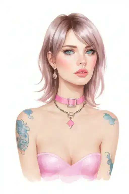 sissy slave pink leather collar with chain leash short dark brown hair blue eyes flat chest tattoo design idea