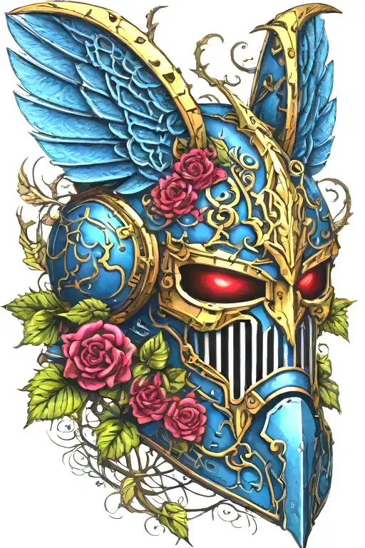 warhammer 40k night lords ornate power armour helmet with bat wings coiled with vines and roses tattoo design idea