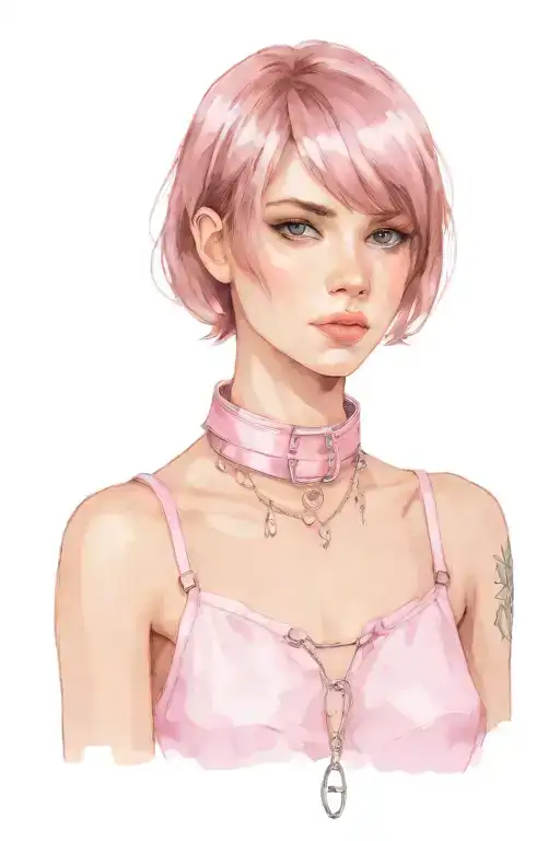 sissy slave pink leather collar-with-chain-leash pixie-cut brown hair blue eyes flat chest tattoo design idea