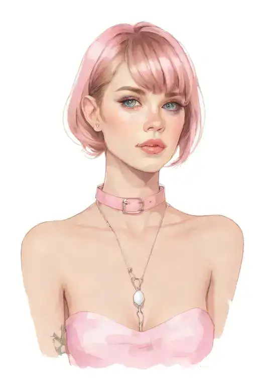 sissy slave pink leather collar with chain leash pixie cut chestnut brown hair blue eyes flat chest tattoo design idea