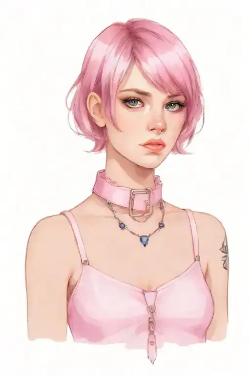 sissy slave pink leather collar-with-chain-leash pixie-cut brown hair blue eyes flat chest tattoo design idea