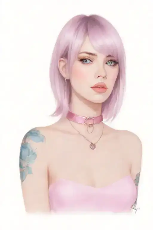 sissy slave pink leather collar with chain leash short dark brown hair blue eyes flat chest tongue out tattoo design idea