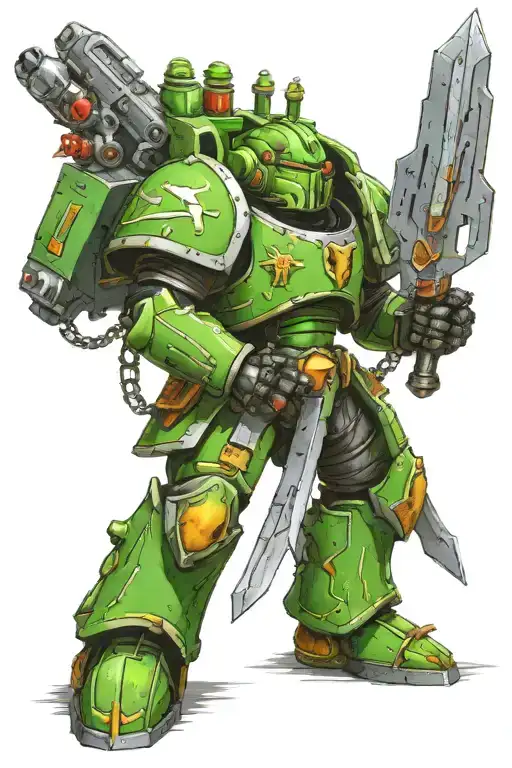 warhammer 40k Salamanders heavy power armor posing with greatsword tattoo design idea