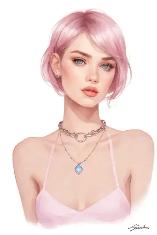 sissy slave pink leather collar with chain leash pixie cut chestnut brown hair blue eyes flat chest tattoo design idea