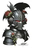 warhammer 40k night lords heavy power armour helmet with bat wings and twined with thorny rose vines tattoo design idea