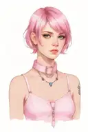 sissy slave pink leather collar-with-chain-leash pixie-cut brown hair blue eyes flat chest tattoo design idea