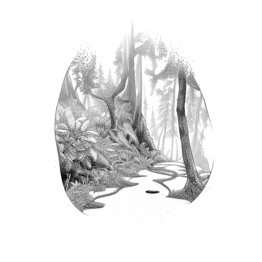 A trail winding through a lush forest with a hidden waterfall tattoo design idea