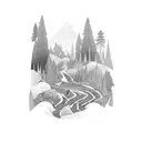 A trail winding through a lush forest with a hidden waterfall tattoo design idea