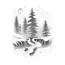 A trail winding through a lush forest with a hidden waterfall tattoo design idea