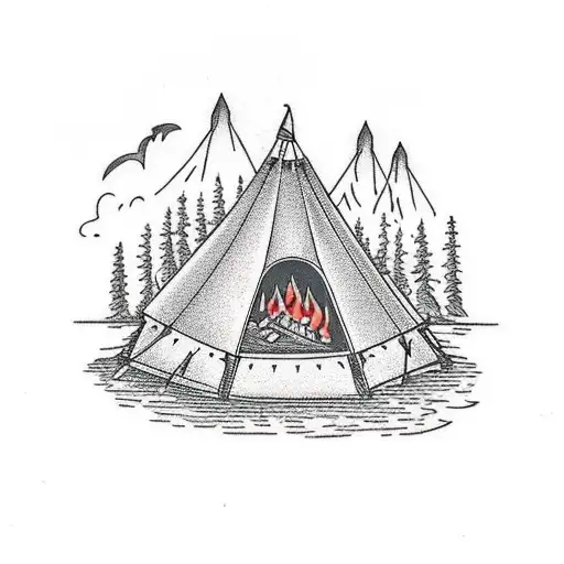old school tent next to a bonfire in front of a lake and mountain range tattoo design idea