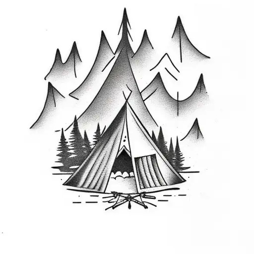 American traditional style Thigh tattoo of an old school tent next to a bonfire in front of a lake and mountain range tattoo design idea