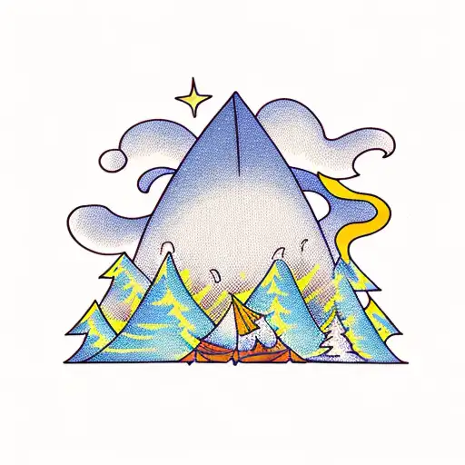 tent next to a bonfire in front of a lake and mountain range tattoo design idea