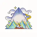 tent next to a bonfire in front of a lake and mountain range tattoo design idea