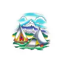 tent next to a bonfire in front of a lake and mountain range tattoo design idea