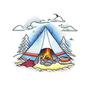 tent next to a bonfire in front of a lake and mountain range tattoo design idea