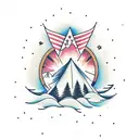 tent next to a bonfire in front of a lake and mountain range tattoo design idea