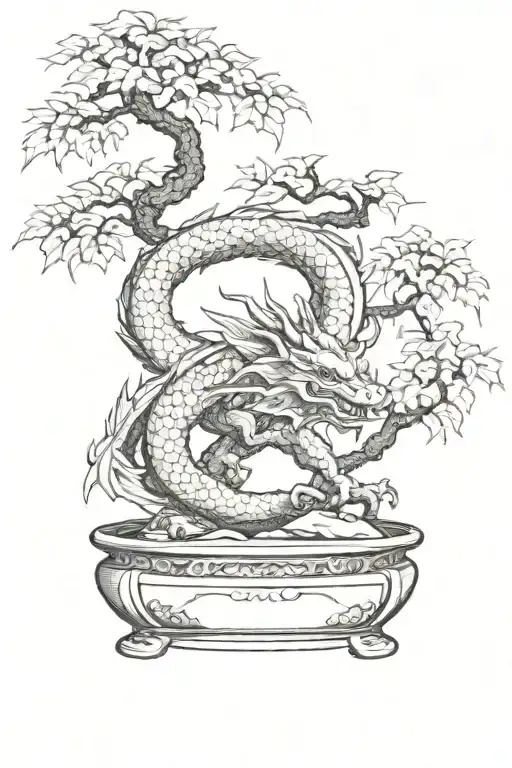 japanese dragon as the focal point mixed with a japanese maple bonsai. simple design tattoo design idea