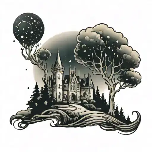 castle, trees, long winding road, clouds and stars tattoo design idea