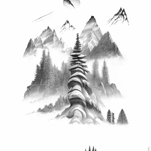 summer mountain scene with sequoia trees tattoo design idea