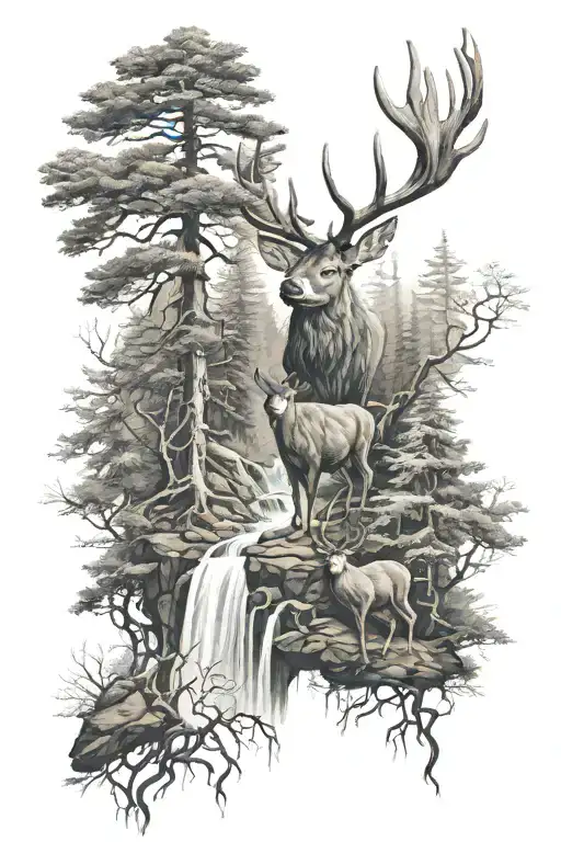 forest, waterfall, deer antlers tattoo design idea