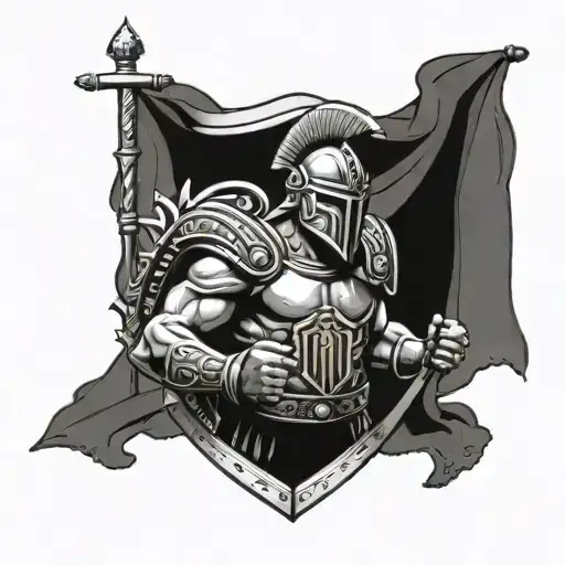 A Roman gladiator standing strong, with a family crest shield in one hand and a Jiu Jitsu belt in the other tattoo design idea