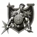 A Roman gladiator standing strong, with a family crest shield in one hand and a Jiu Jitsu belt in the other tattoo design idea