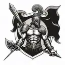 A Roman gladiator standing strong, with a family crest shield in one hand and a Jiu Jitsu belt in the other tattoo design idea