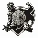 A Roman gladiator standing strong, with a family crest shield in one hand and a Jiu Jitsu belt in the other tattoo design idea