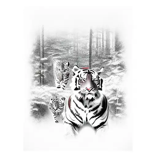 A realistic depiction of a father tiger leading his family through a dense forest, showcasing their unity and determination. tattoo design idea
