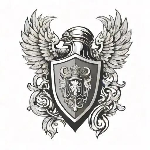 compact family crest. on top of shield knight helmet, surrounded by wings tattoo design idea